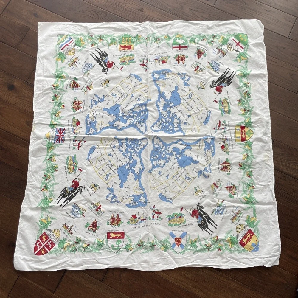 CANADA MAP With Major Landmarks Vintage Souvenir Tablecloth 3.5' Square White